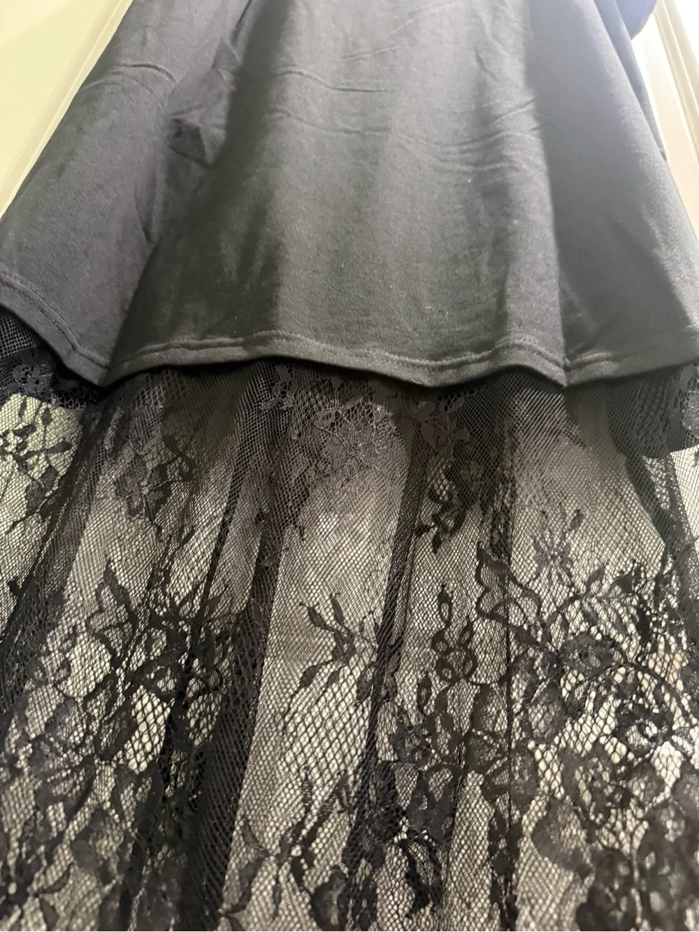 Black Short-Sleeve Dress with Sheer Lace Hem - Picture 4 of 8